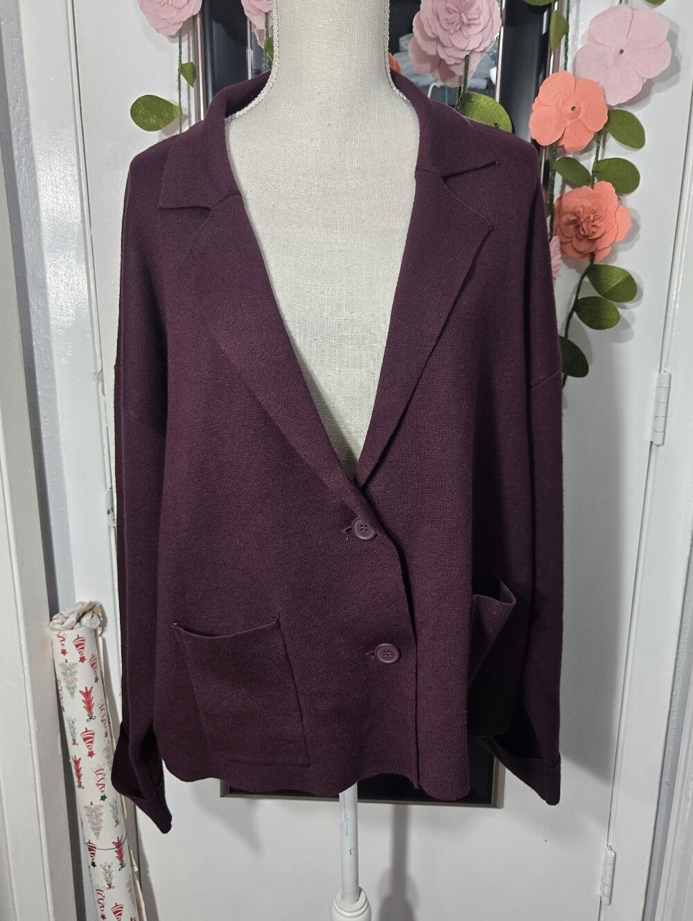 Max Studio London Women's Cardigan Sweater Dark Wine Burgundy Button Sz XL